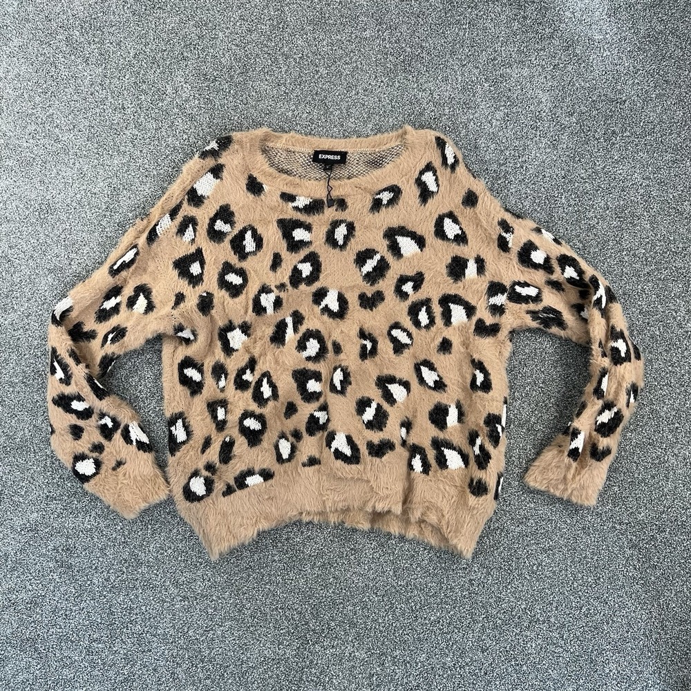 Express Women's Large Fuzzy Leopard Print Sweater Animal Print Pullover